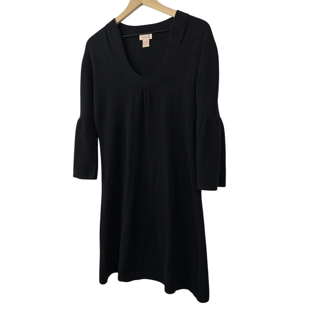 Pink Pineapple Women Black 100% Cashmere Bell Sleeve Scoop Neck Sweater Dress L - Picture 3 of 7